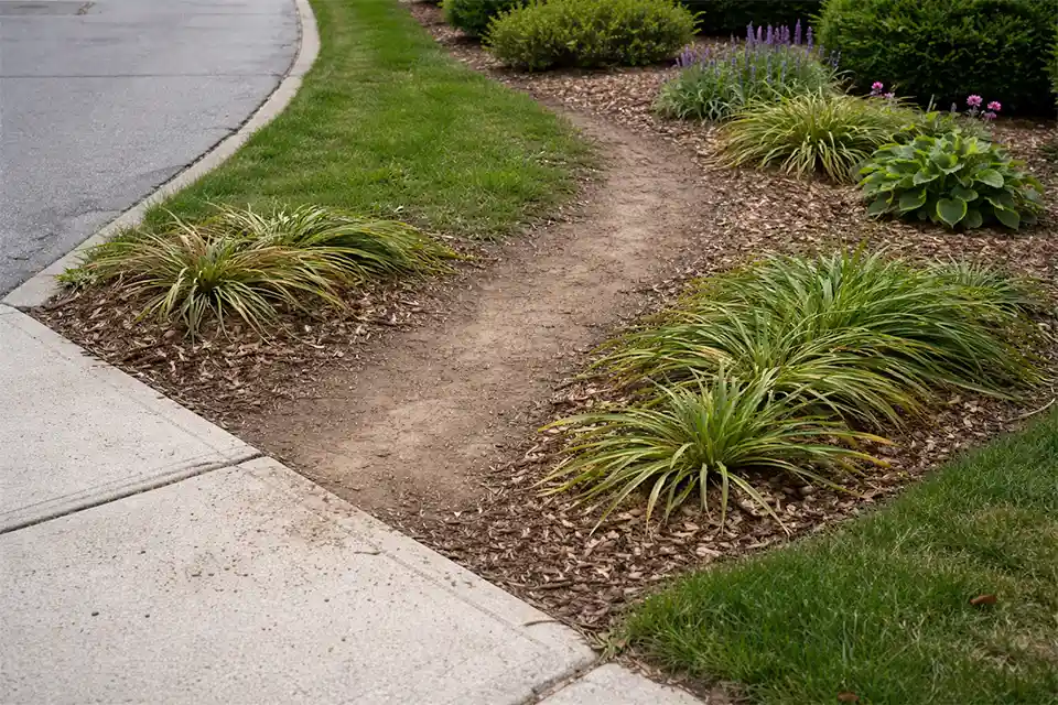 Front yard planting bed beside a sidewalk with a worn shortcut path and flattened plants from repeated foot traffic
