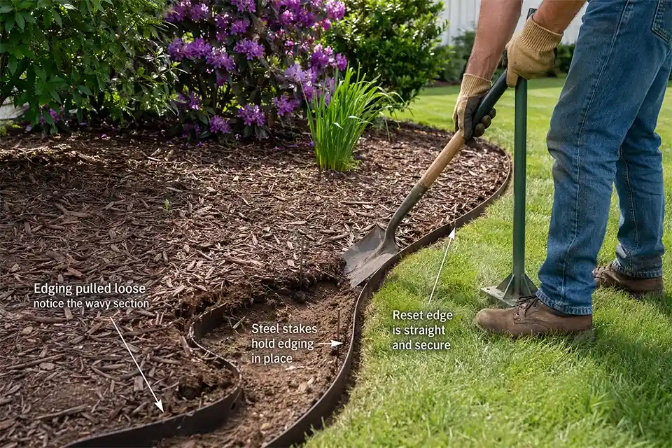 Homeowner re-setting shifting landscape edging with a trenching spade, steel stakes, and a hand tamper in a front-yard planting bed
