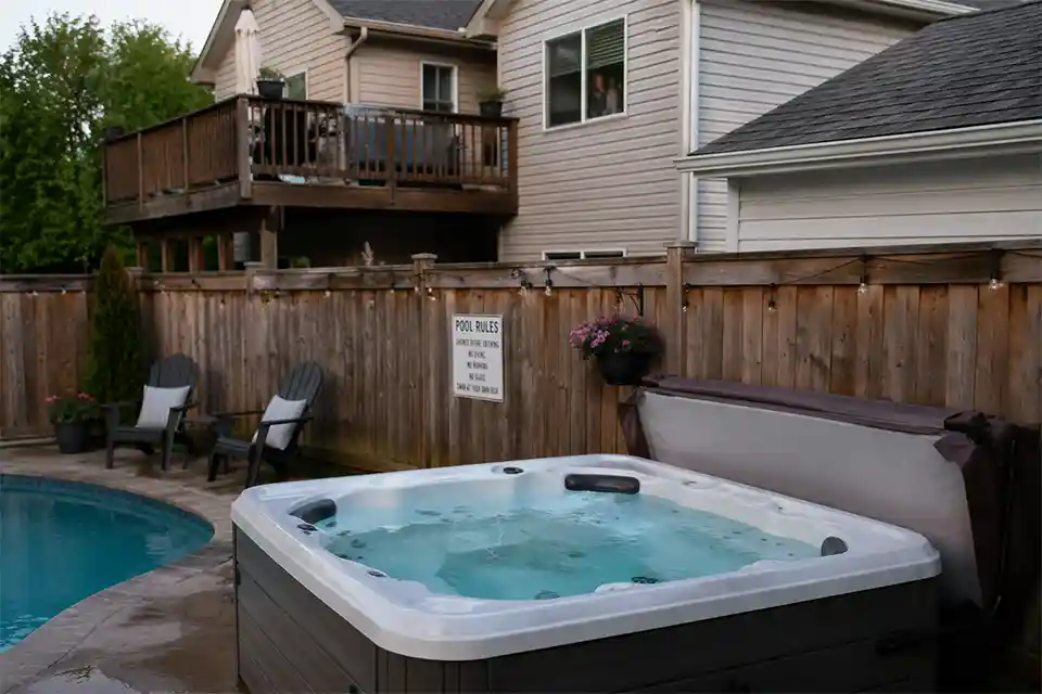 Backyard hot tub and pool area that feels exposed because a low fence does not block views from a neighboring deck and second-story window