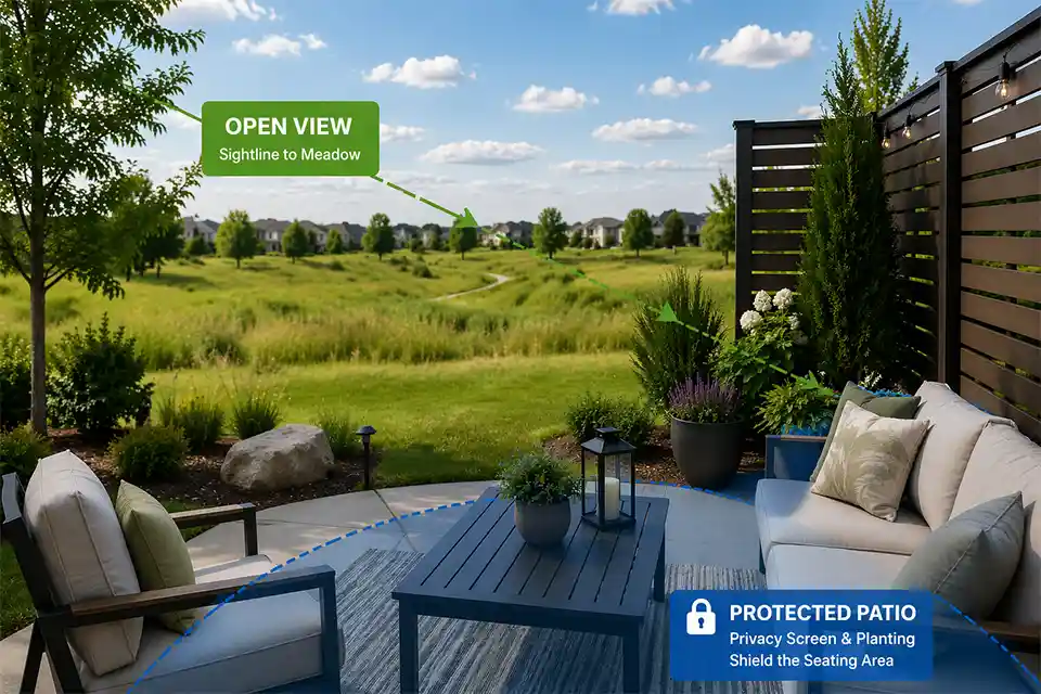 Backyard patio facing open space with a corner privacy planting and overlay showing the blocked diagonal sightline and protected seating zone