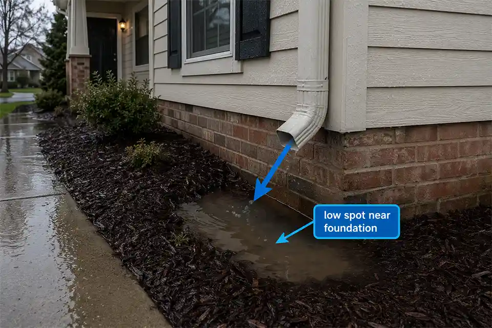 Front yard water pooling beside a house foundation with smart overlay showing downspout runoff reaching a low spot near the wall