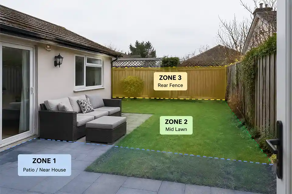 Compact backyard behind a small house with an overlay showing how patio bulk and a short sightline make the yard look shallower