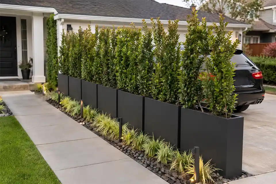Tall rectangular privacy planters creating screening along an open front yard driveway without blocking access to the front entry