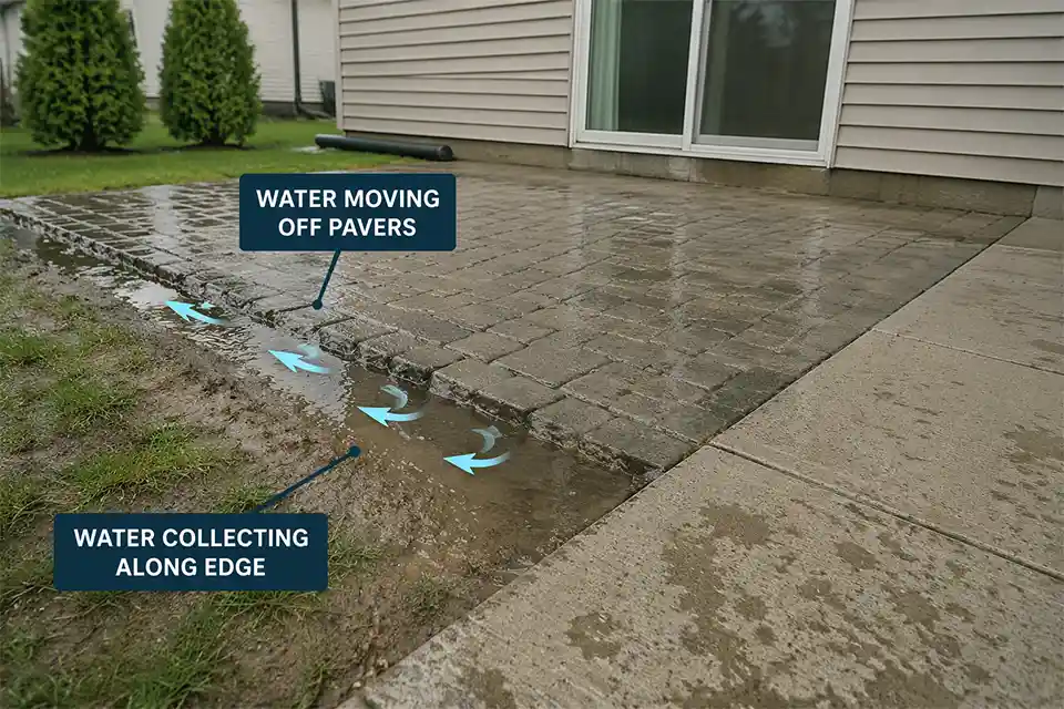 New backyard patio and walkway with standing water collecting along the outer edge and overlay arrows showing runoff moving into a muddy low spot