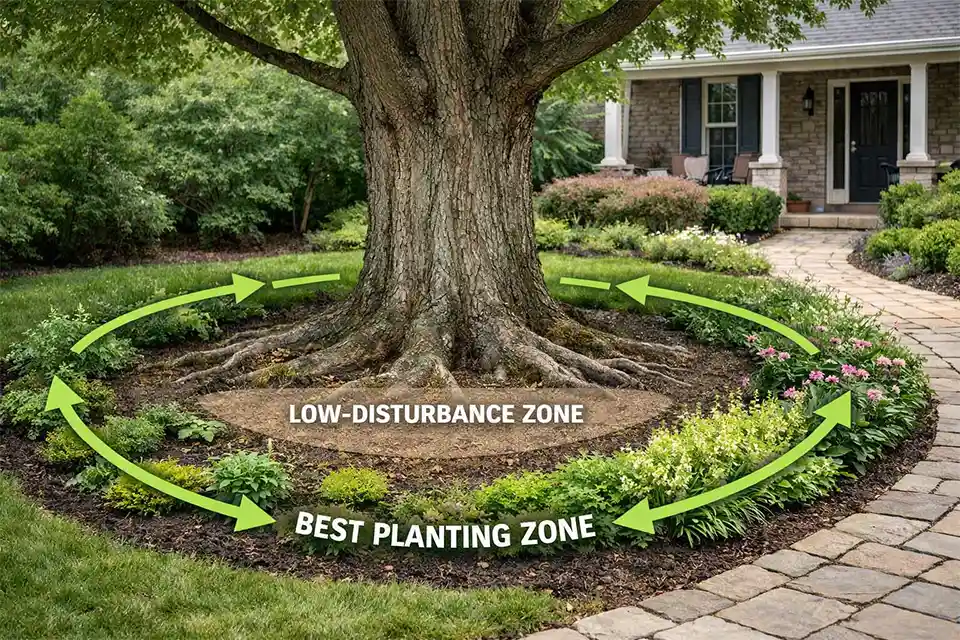 Front yard bed under a mature tree showing shallow root-heavy soil near the trunk and stronger planting near the canopy edge