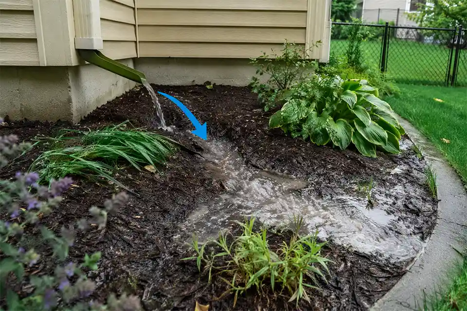 Backyard downspout flooding a mulch planting bed with visible washout and runoff direction overlay