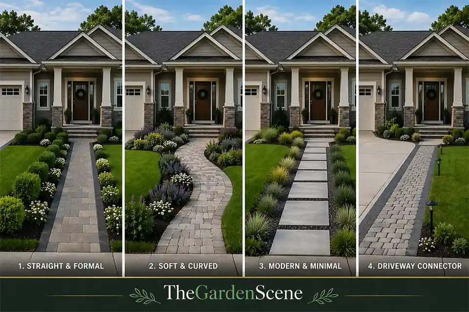 Four front yard landscape design ideas showing different walkway styles leading to the same front door