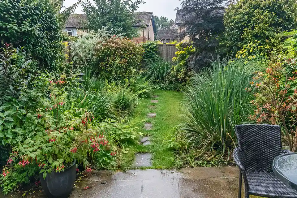 Compact suburban backyard with dense planting crowding the patio and lawn, making the yard feel smaller