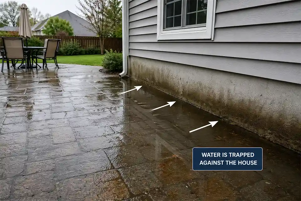 Standing water pooled along a patio edge against a house wall with overlay arrows showing trapped drainage