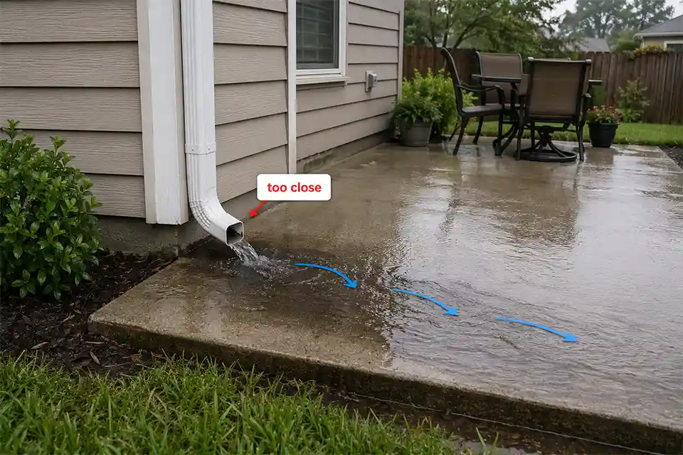 Runoff from a sloped backyard crossing a patio in a visible muddy line with the water path highlighted.