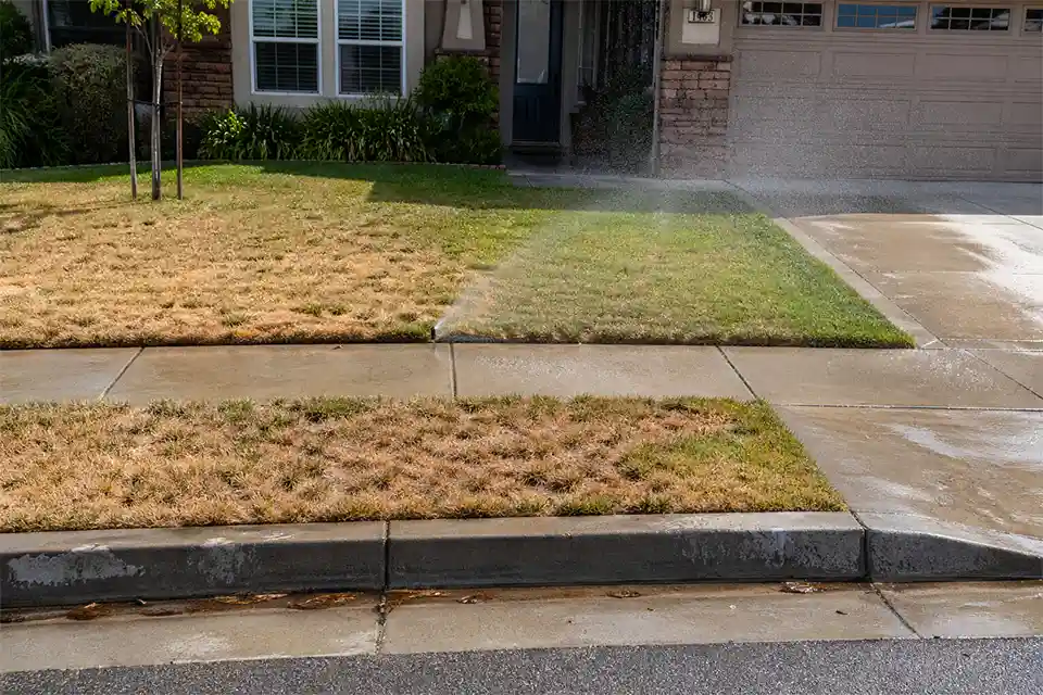 Front yard sprinkler overspraying onto sidewalk and driveway while the lawn still looks unevenly dry