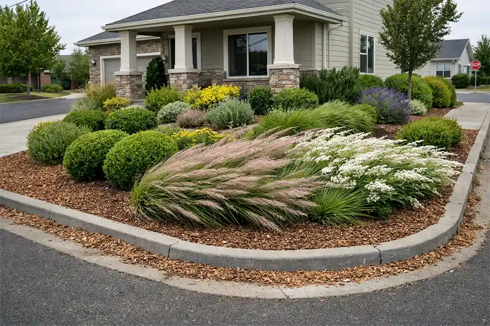 Windy corner lot front yard with exposed curbside planting, flopping flowers, and compact shrubs and grasses holding shape