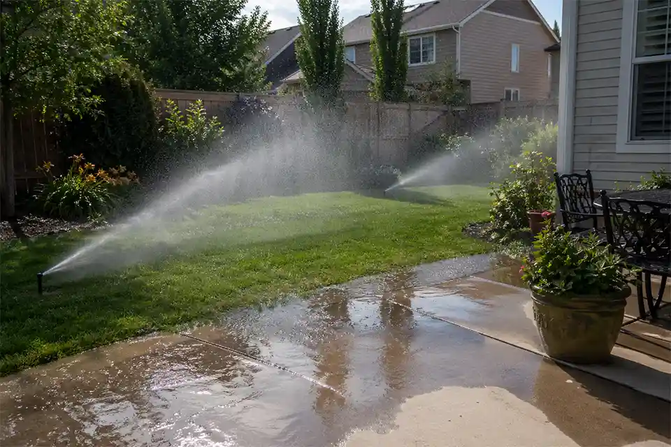 Backyard sprinkler system wasting water in summer with overspray onto a patio and visible runoff