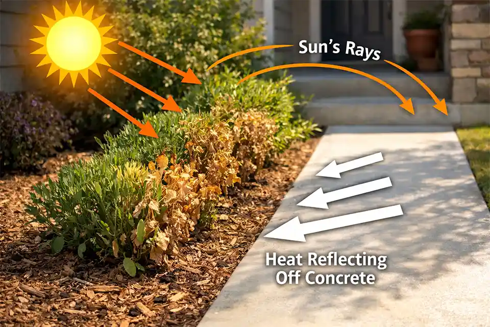 Front walkway planting bed beside hot concrete with reflected heat damage and overlay showing heat bouncing toward scorched plants