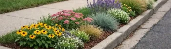 Narrow front yard strip between sidewalk and street planted with compact low-maintenance plants that fit a tight curbside space