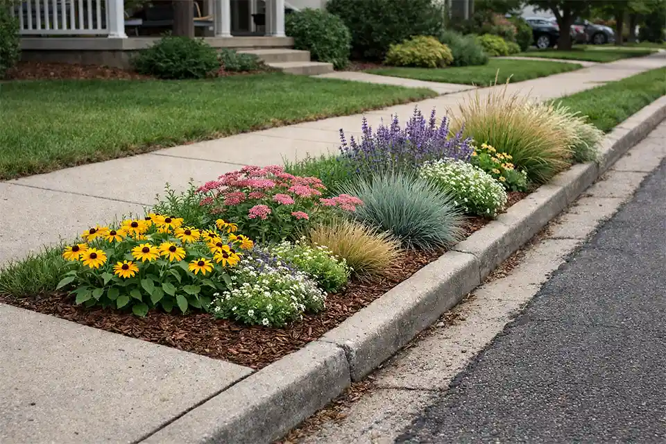 Narrow front yard strip between sidewalk and street planted with compact low-maintenance plants that fit a tight curbside space