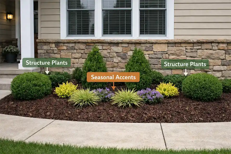 Low-maintenance front yard bed with evergreen shrubs and grasses labeled to show structure plants and seasonal accents for frequent travelers