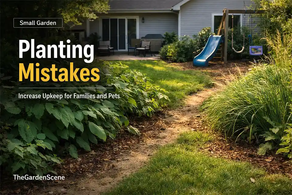 Small family garden with overgrown plants spilling into a path and lawn area used by children and pets