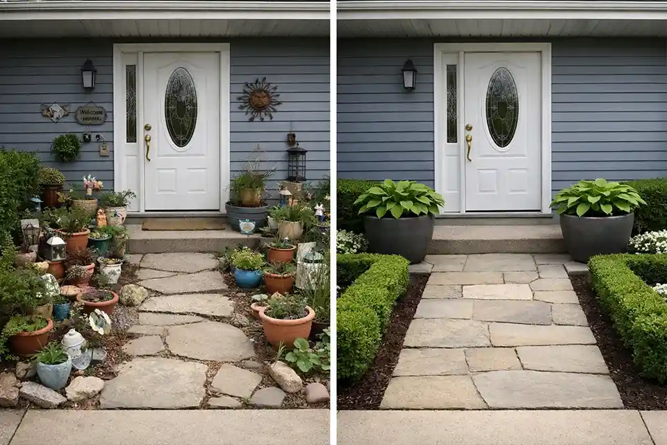 Side-by-side small front garden showing cluttered tiny decor and sparse planting versus a simpler design with larger containers and fuller repeated planting.