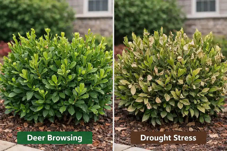 Comparison showing deer browsing damage versus drought stress on a front yard shrub from the same viewpoint
