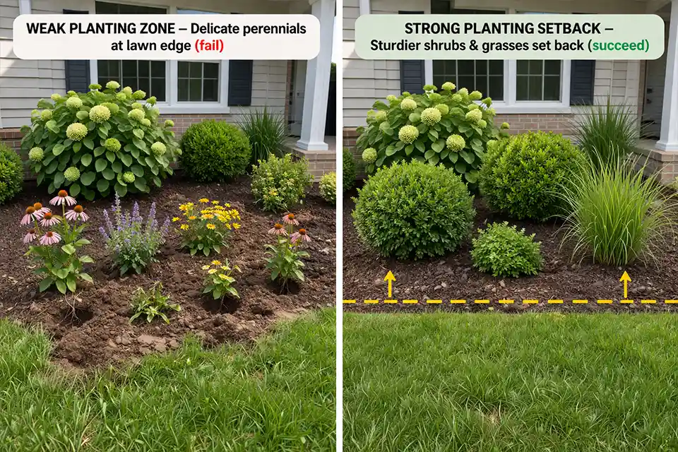 Comparison of a front yard bed with delicate edge planting damaged by digging and a setback planting layout with sturdier shrubs holding up better