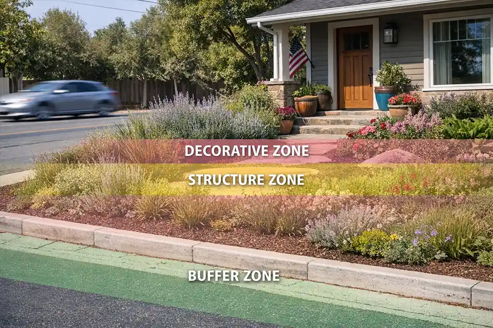 Front yard on a busy street with overlay showing curbside buffer zone, middle structural planting zone, and decorative inner planting zone