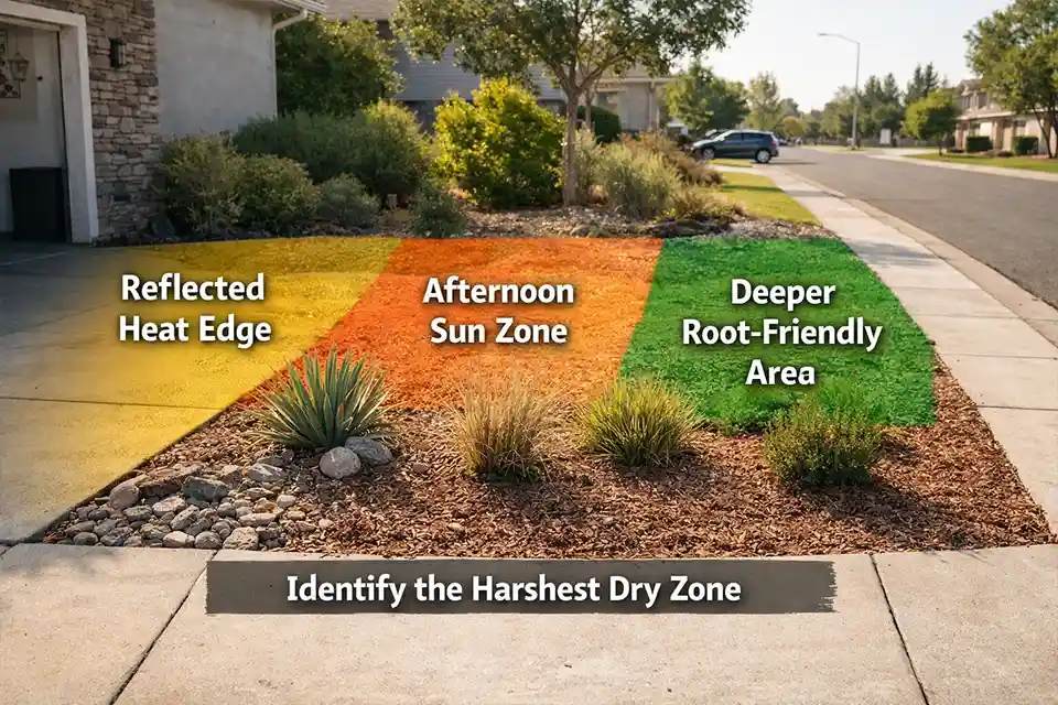 Front yard bed beside pavement with overlay showing reflected heat zone and better planting area away from concrete
