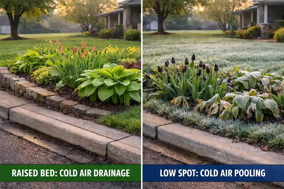 Front yard comparison showing healthier spring growth in a raised bed and frost damage in a lower cold-air pocket near the sidewalk