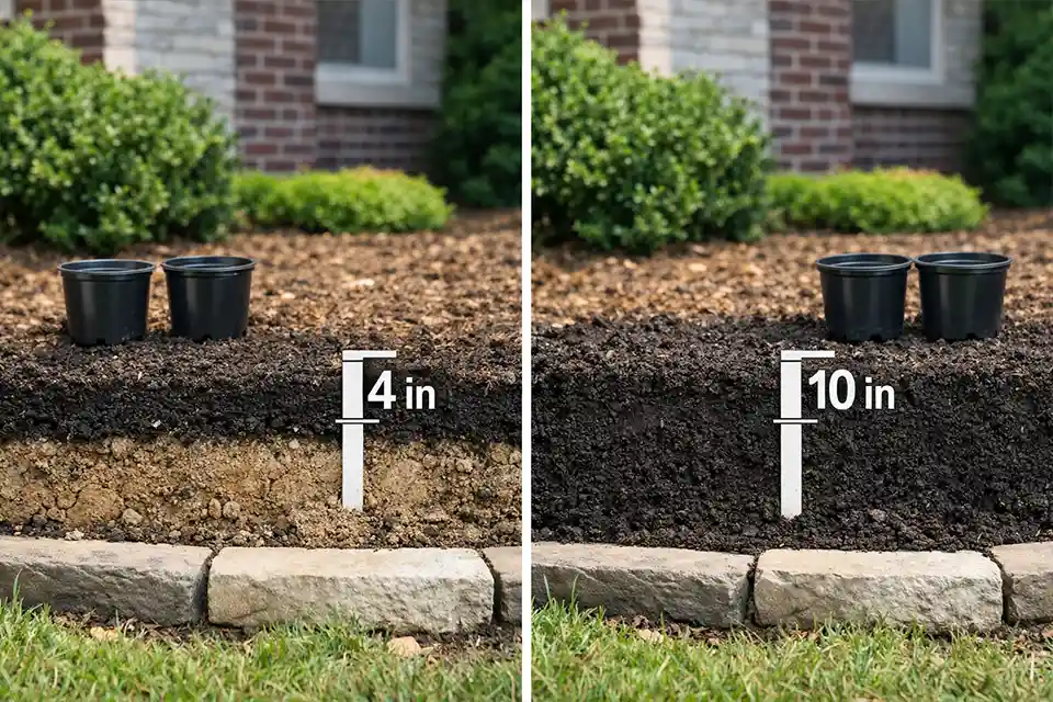 Side-by-side front yard beds comparing 4-inch shallow topsoil with 10-inch workable soil