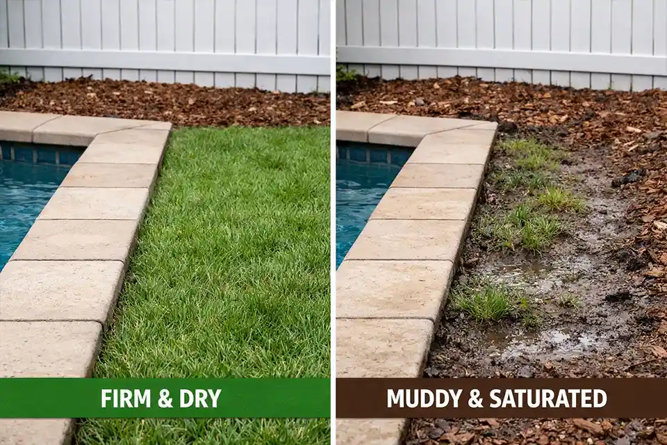 Side-by-side comparison of a healthy grass strip beside a pool deck versus the same strip overloaded by repeated runoff