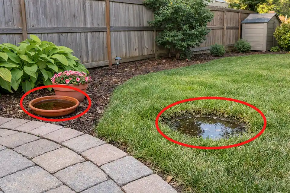 Backyard corner with a wet low spot and planter saucer highlighted as mosquito breeding areas
