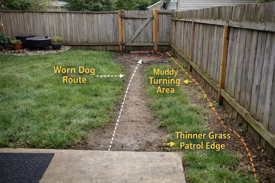 Backyard dog traffic route from patio to side gate with bare soil and muddy turning area in the lawn