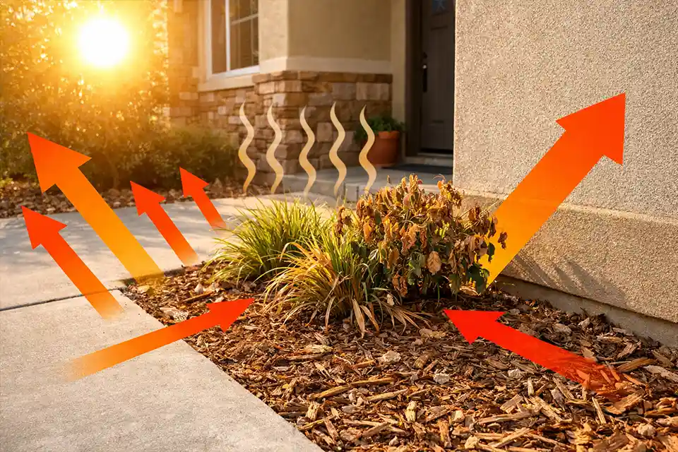 Front yard planting bed with overlay showing reflected heat from driveway and wall during afternoon sun
