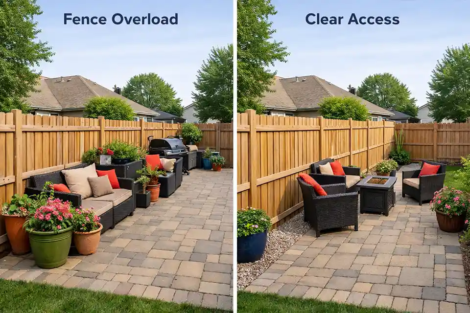 Side-by-side shared-fence backyard showing a crowded patio against the fence versus a layout with seating pulled inward and a clear maintenance strip.