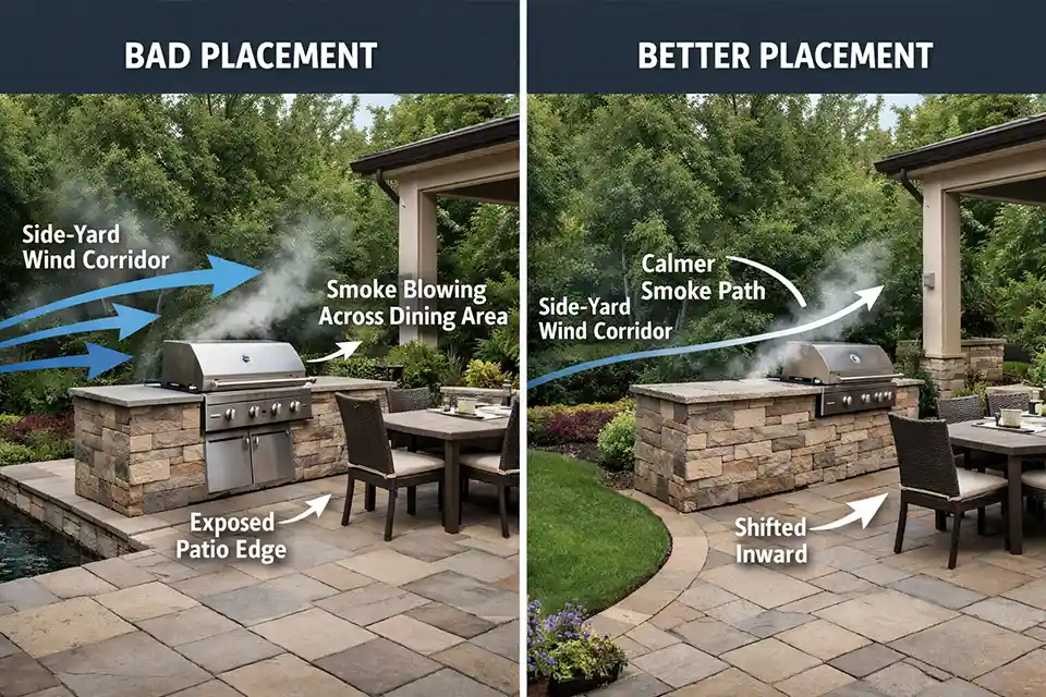 Side-by-side outdoor kitchen comparison showing an exposed windy layout with smoke blowing into the dining area and a corrected layout with better grill orientation and zone placement.