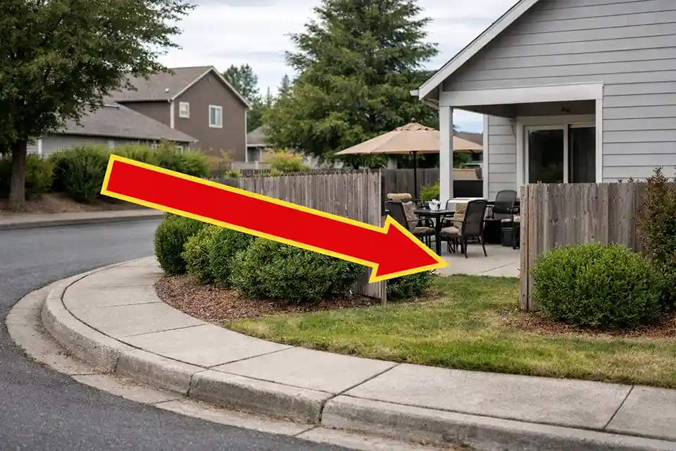 Corner-lot backyard with overlay arrow showing the diagonal street sightline entering through a side-yard gap toward the patio
