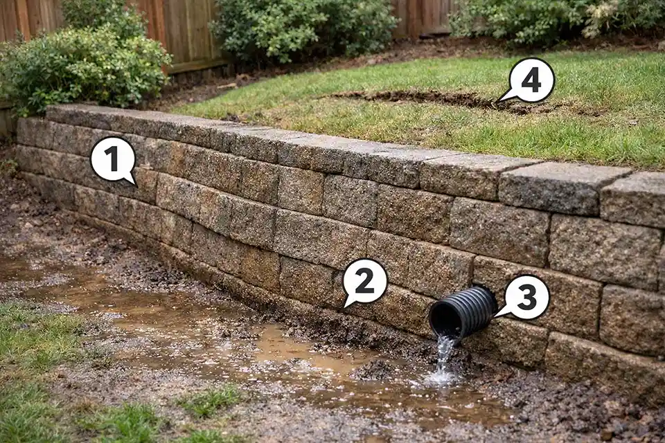 Retaining wall inspection view showing wall face, toe, drainage exit, and soil crack behind the crest after rain