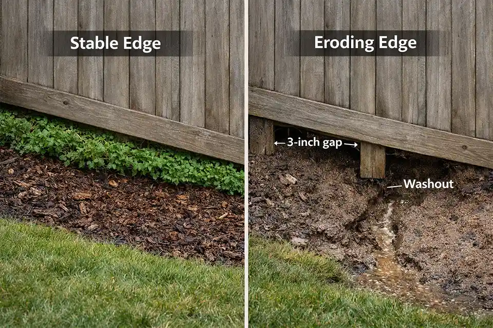 Comparison of a stable sloped backyard fence line and an eroded fence line with a gap under the panel and exposed post base