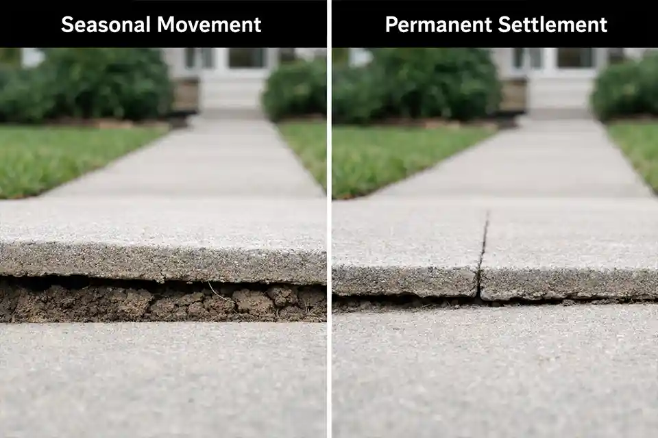 Side-by-side comparison of a walkway lifted by seasonal soil movement and a walkway that has dropped from one-way settlement