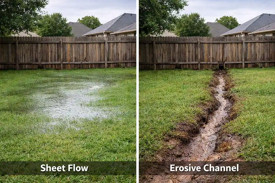 Comparison of shallow sheet flow and concentrated runoff channel in a sloped backyard near a shared property line