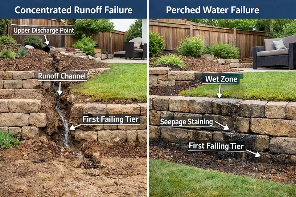 Comparison of concentrated runoff and perched water problems in a tiered backyard on a steep slope