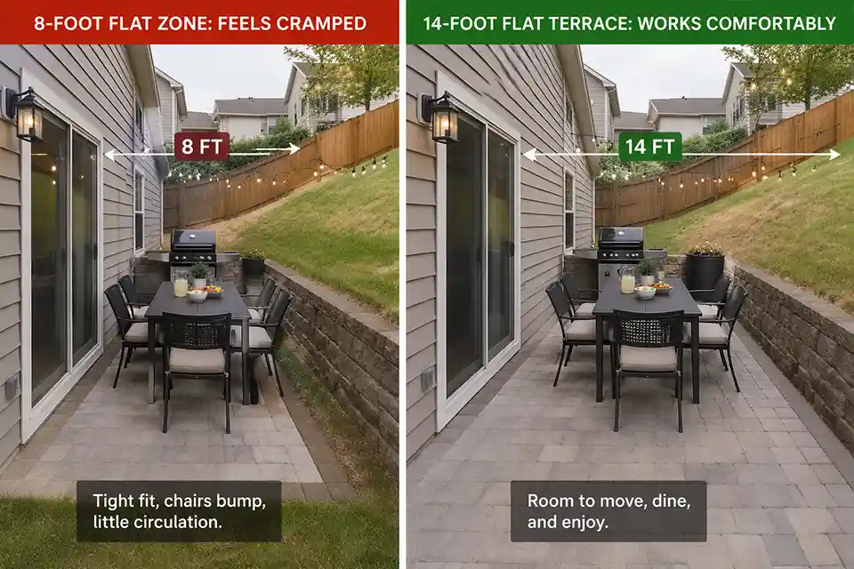 Comparison of a sloped backyard with an 8-foot flat area versus a deeper 14-foot terrace showing the difference in usable space.