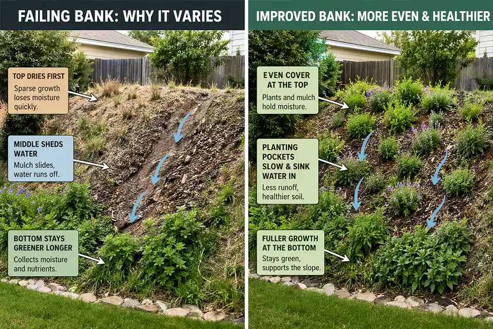 Side-by-side comparison of a sloped backyard bank with dying plants and runoff problems versus a more stable bank with planting pockets and better plant cover