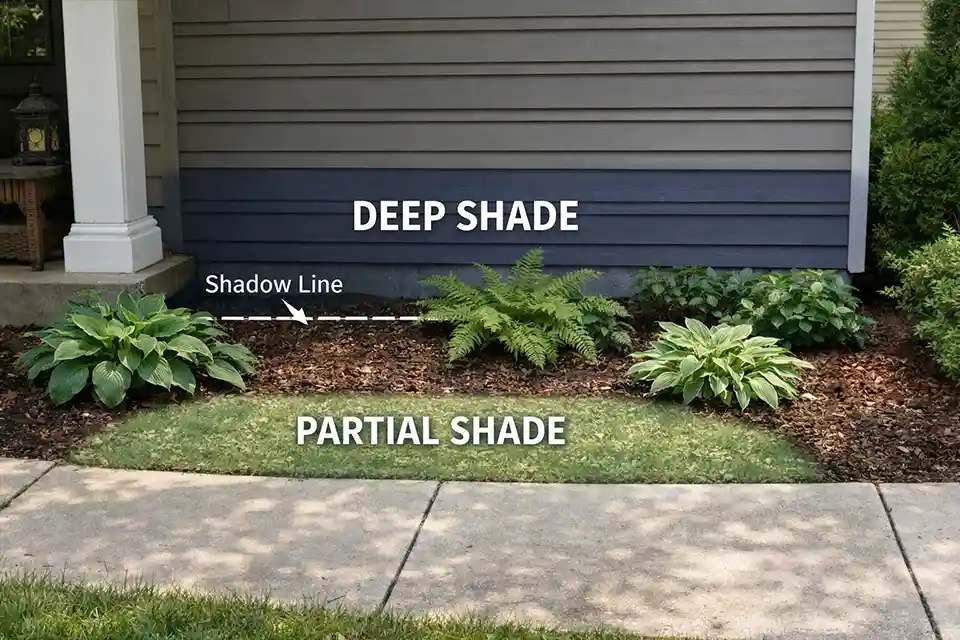 Front yard bed shaded by the house with overlay showing deeper shade near the wall and brighter partial shade near the front edge