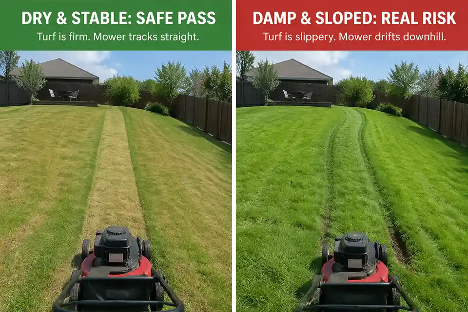 Comparison of dry stable sloped turf and damp sloped turf with downhill mower drift and a rut