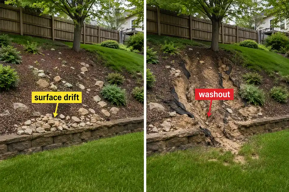 Side-by-side comparison showing minor loose rock drift versus active erosion washout on a backyard hillside