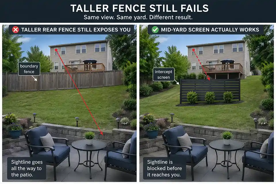 Side-by-side comparison showing a taller rear fence failing and a mid-yard privacy screen blocking an uphill neighbor’s view
