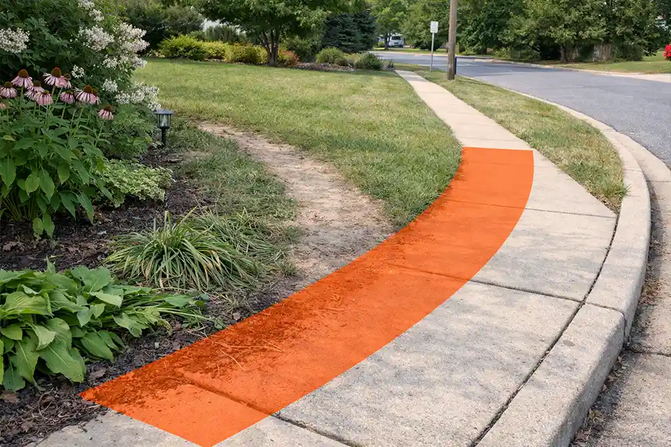 Front yard sidewalk planting bed with an overlay marking the 12 to 18 inch impact strip where shortcut traffic repeatedly damages edge plants