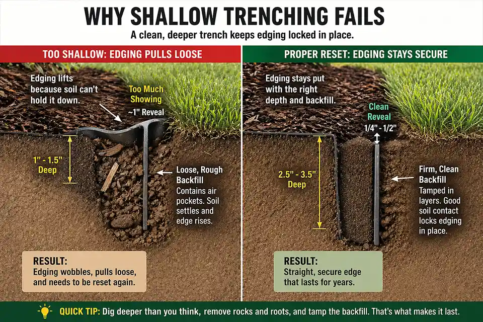 Cutaway diagram comparing shallow landscape edging that lifts and shifts with properly trench-set edging that sits lower and stays stable
