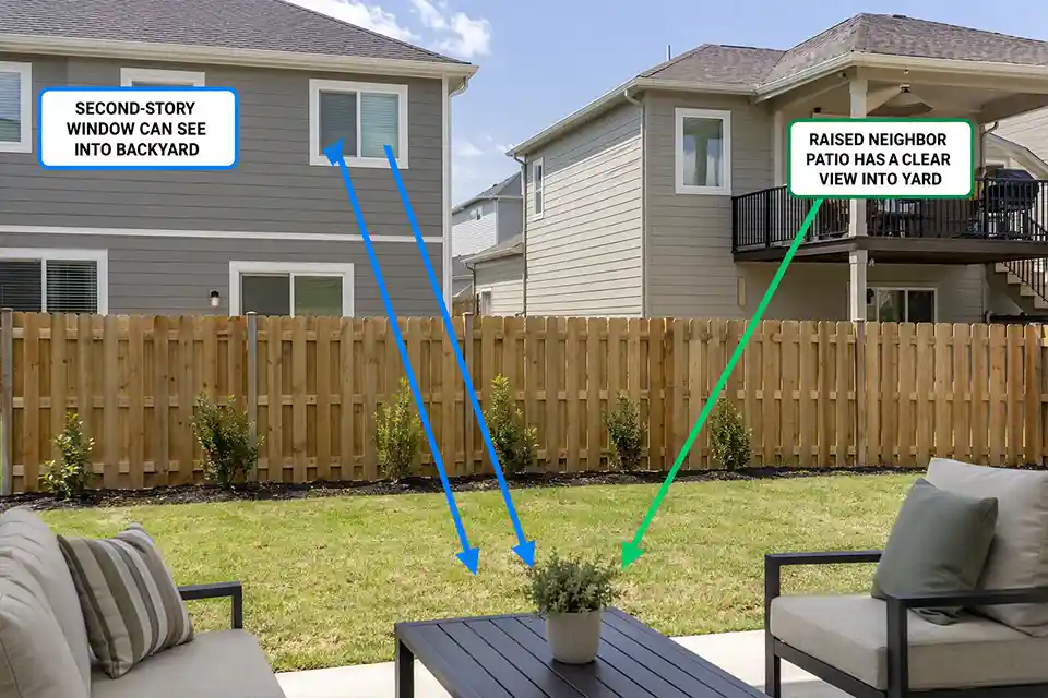 New construction backyard with overlay arrows showing privacy exposure from second-story windows and a raised neighboring patio